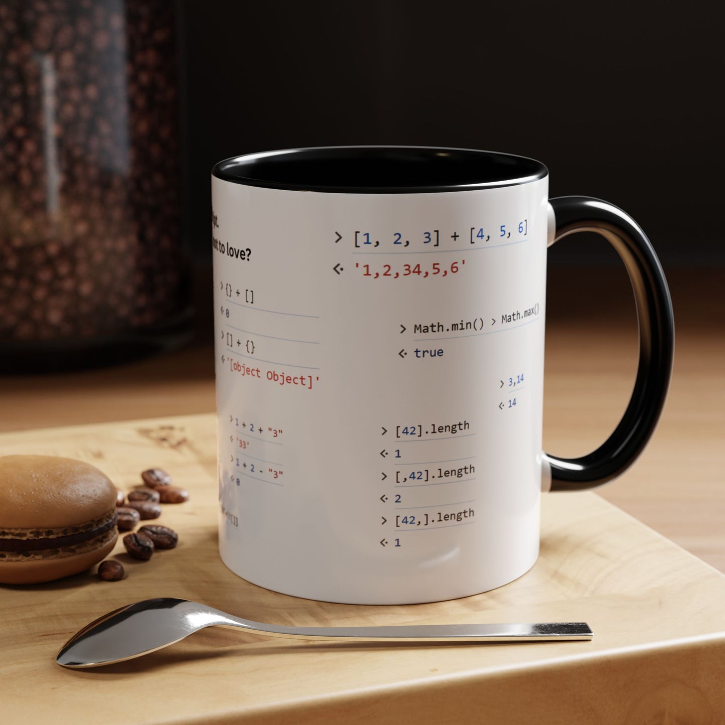 JavaScript weirdness mug for coders - two-color variant