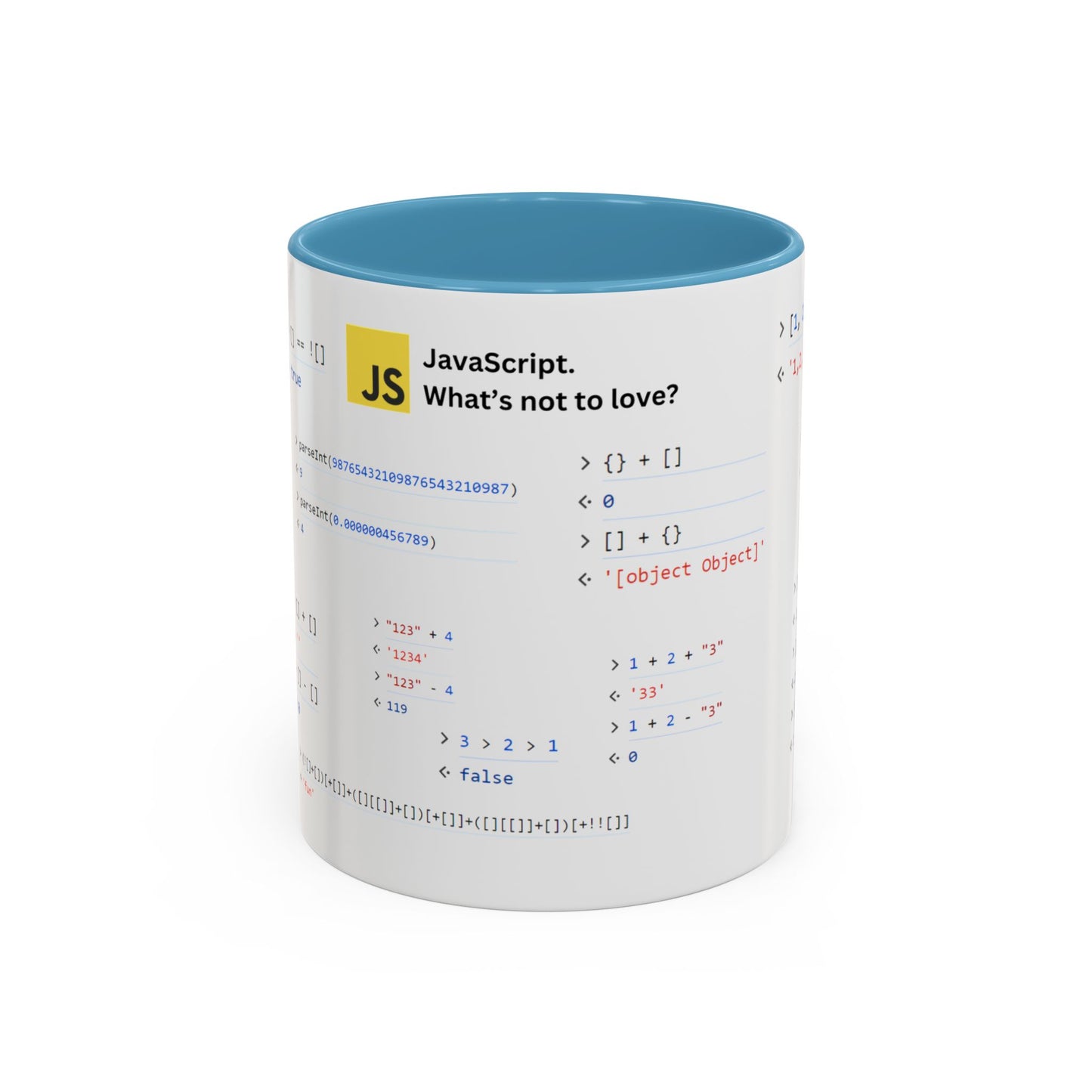 JavaScript weirdness mug for coders - two-color variant