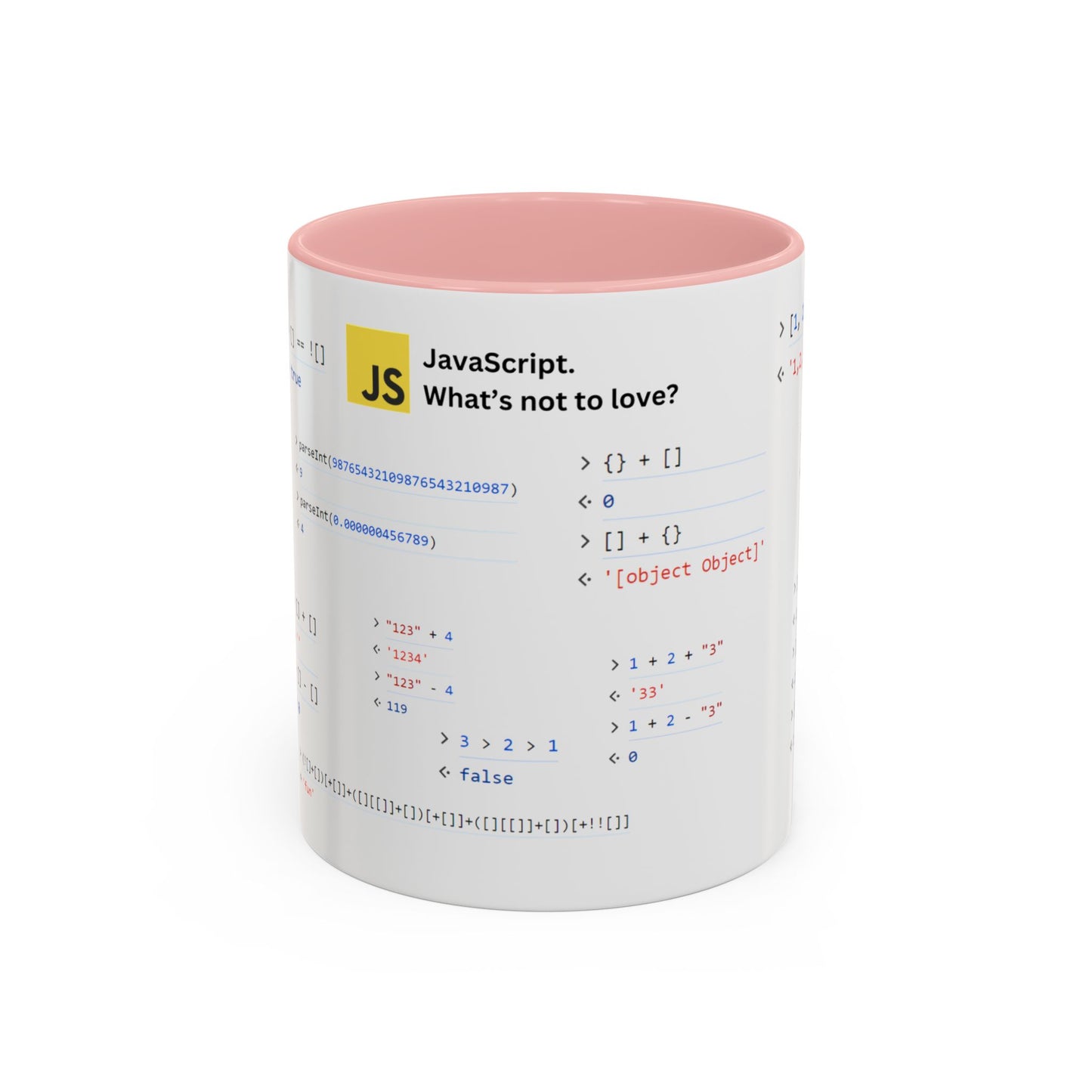 JavaScript weirdness mug for coders - two-color variant