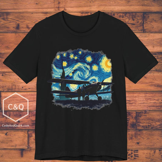 Taildragger airplane, Van Gogh-style starry night - aviation fan's T-Shirt
