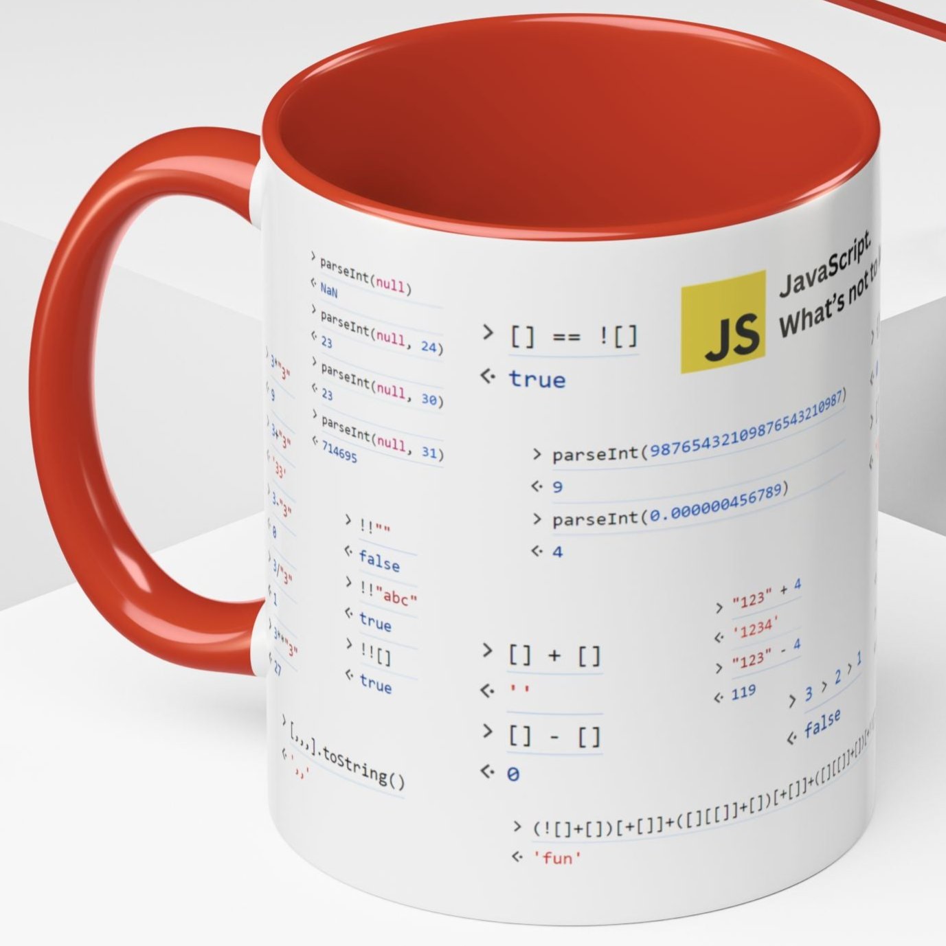 JavaScript weirdness mug for coders - two-color variant