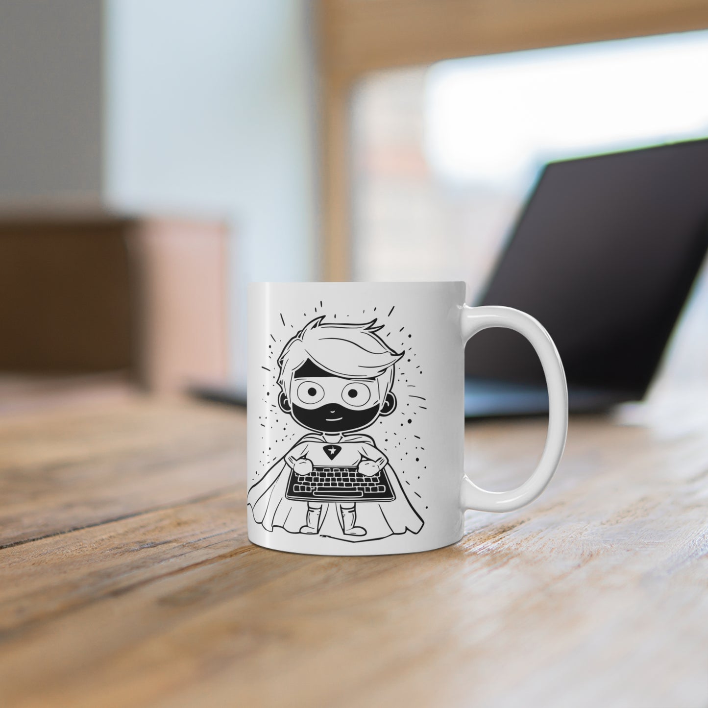 Geeky mug for programmer superheroes: Saving The World, One Bug At A Time
