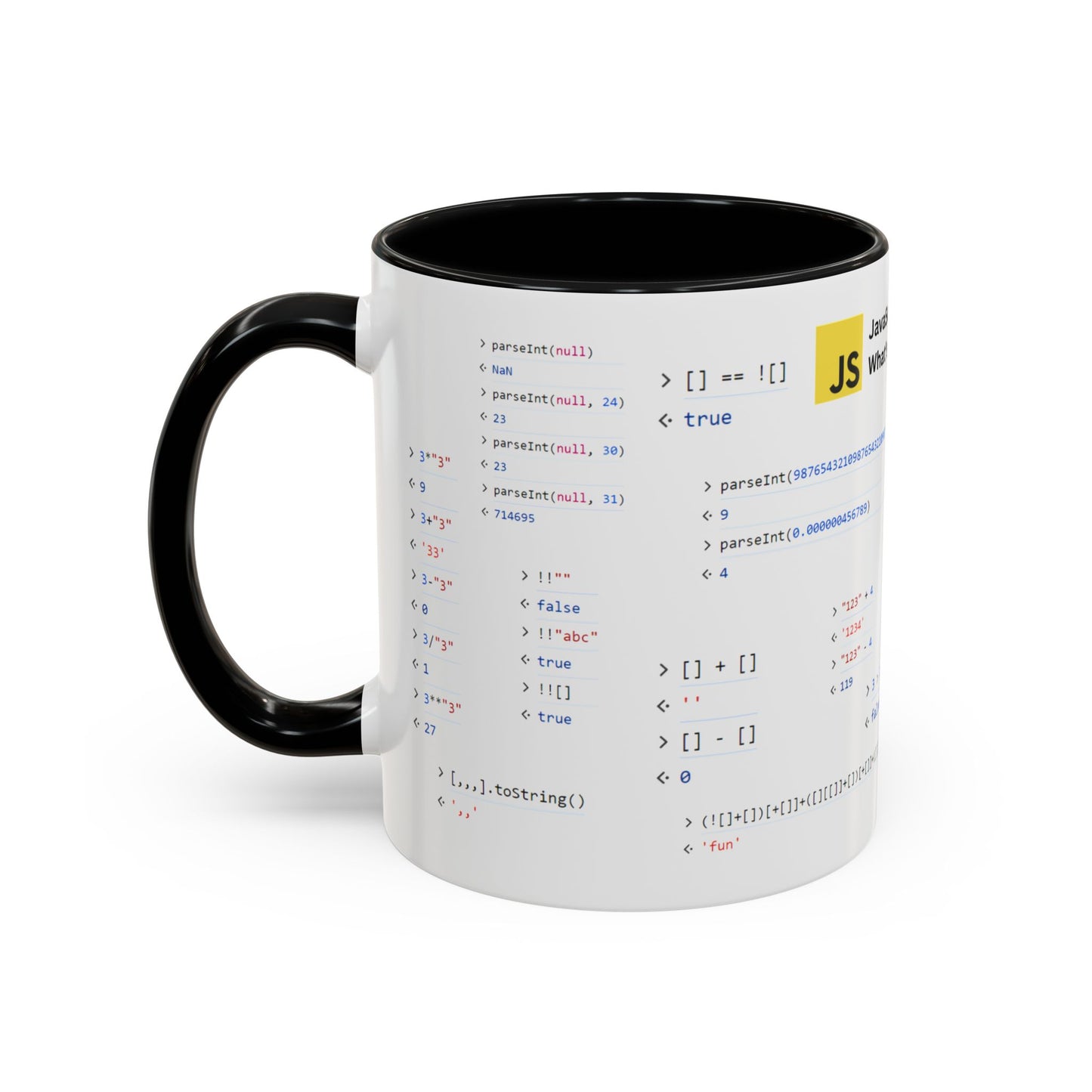 JavaScript weirdness mug for coders - two-color variant