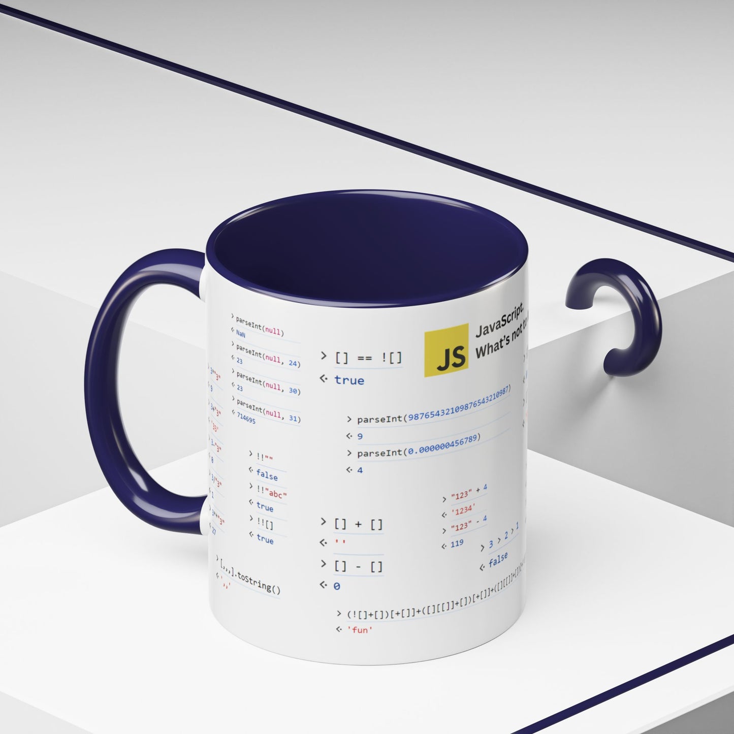 JavaScript weirdness mug for coders - two-color variant