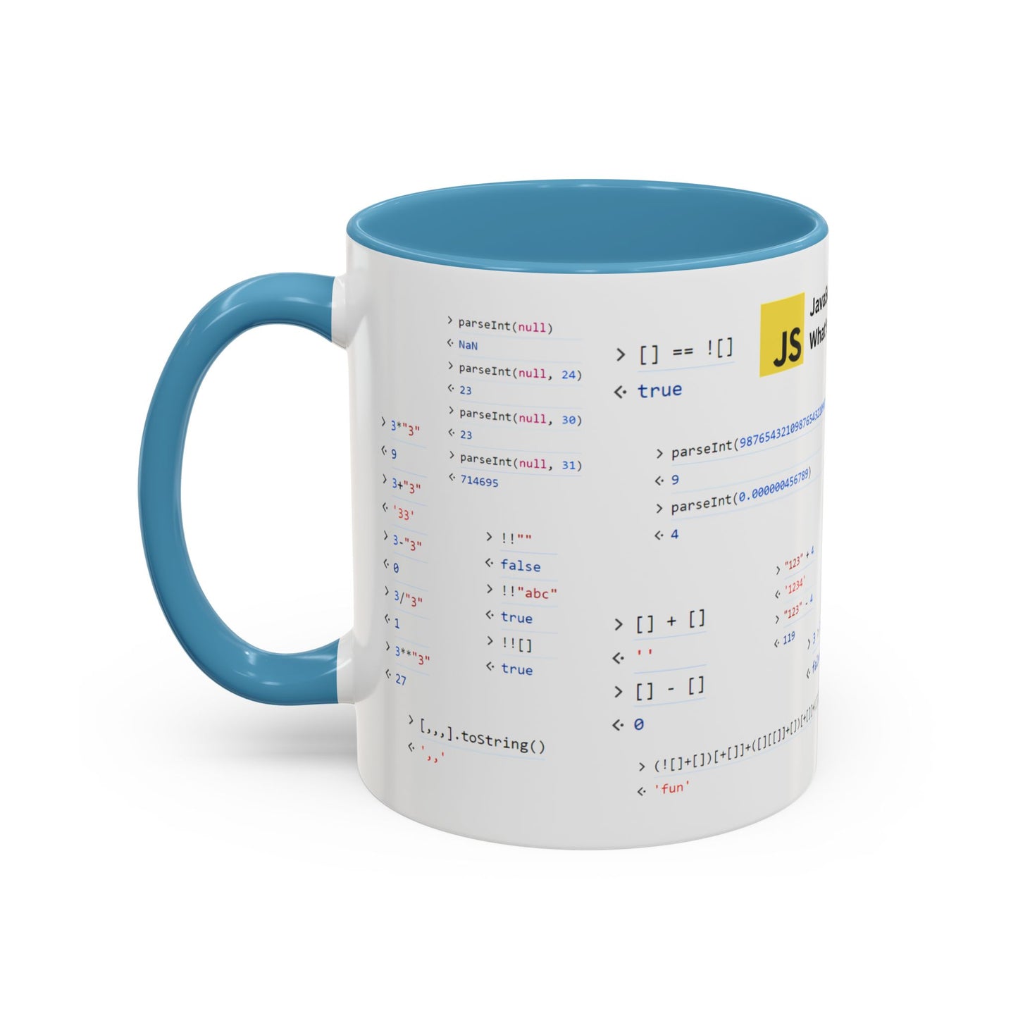 JavaScript weirdness mug for coders - two-color variant