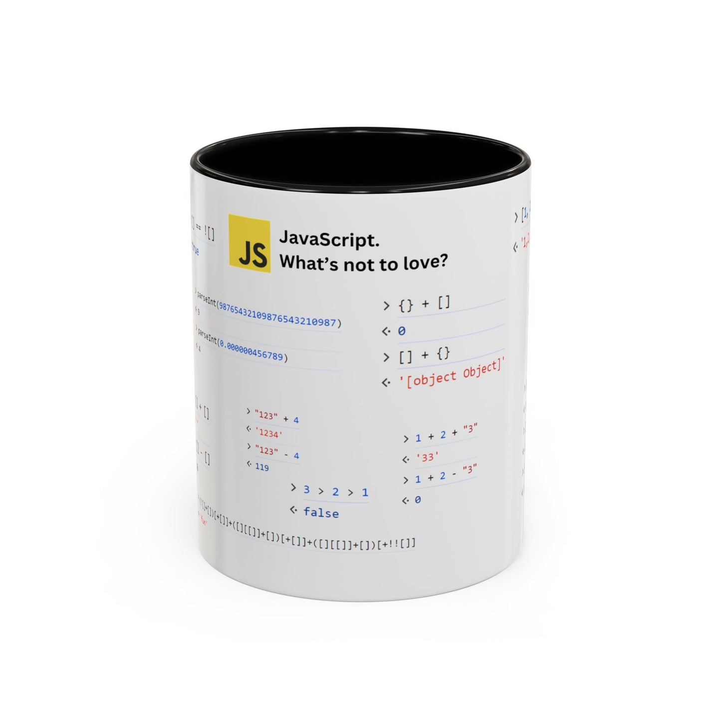 JavaScript weirdness mug for coders - two-color variant