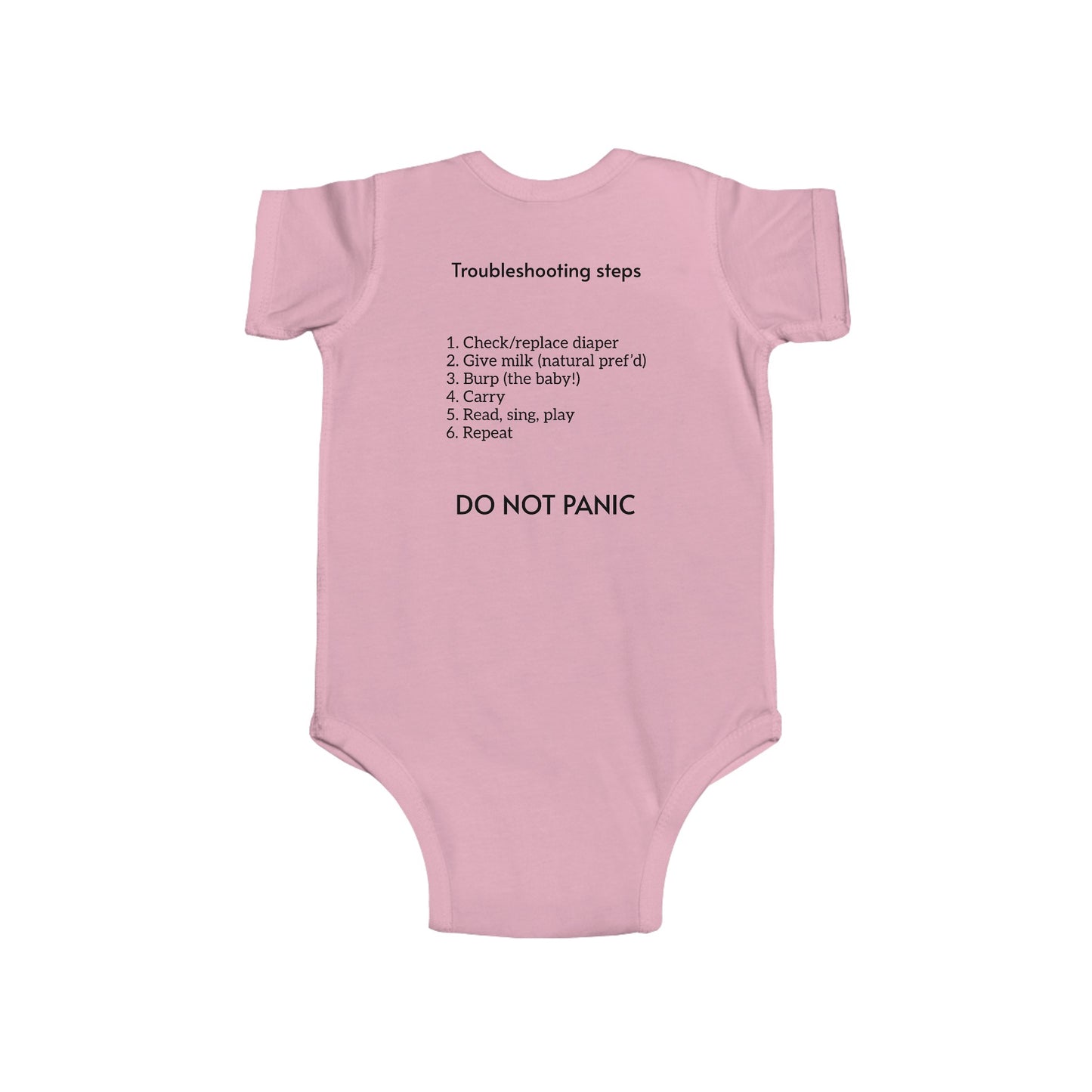 Python developer's cheeky baby bodysuit with Python source code and troubleshooting instructions, short sleeve