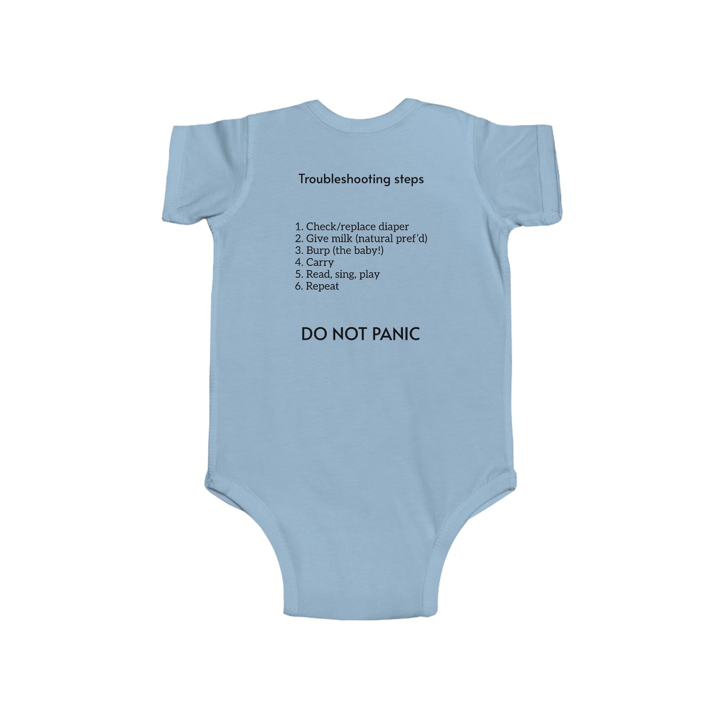 Python developer's cheeky baby bodysuit with Python source code and troubleshooting instructions, short sleeve