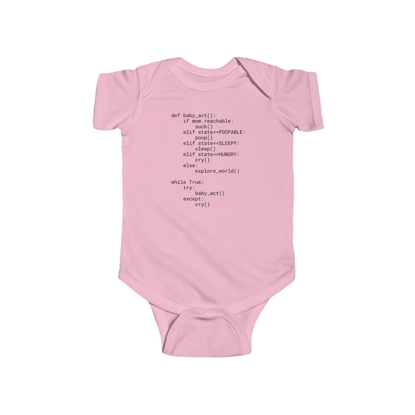 Python developer's cheeky baby bodysuit with Python source code and troubleshooting instructions, short sleeve