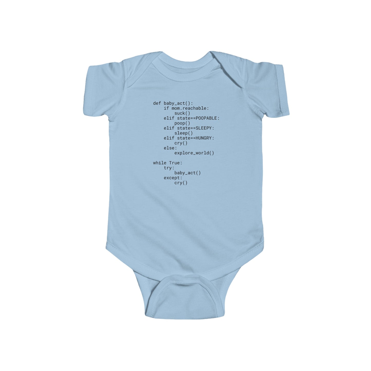 Python developer's cheeky baby bodysuit with Python source code and troubleshooting instructions, short sleeve