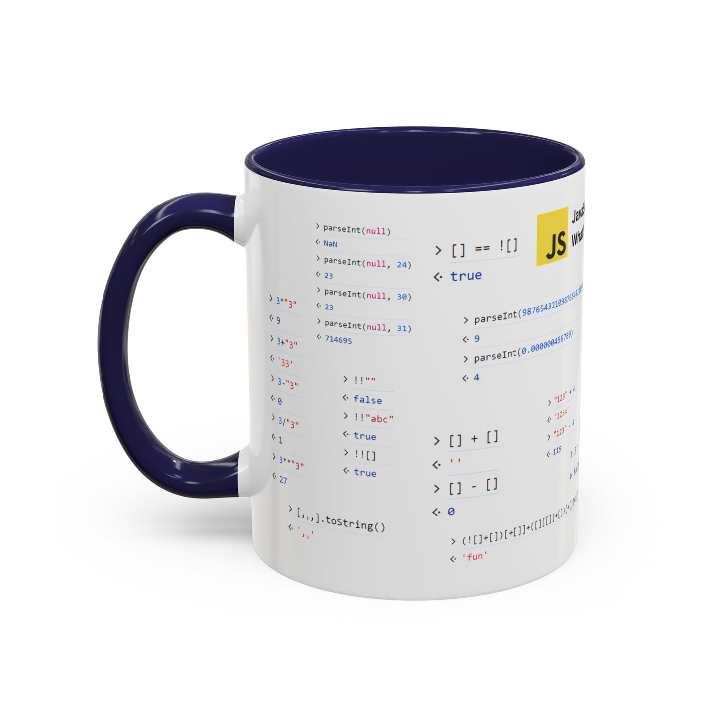 JavaScript weirdness mug for coders - two-color variant