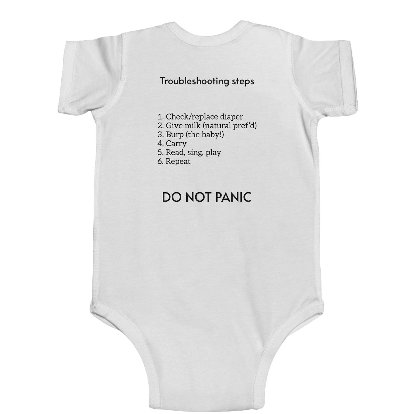 Python developer's cheeky baby bodysuit with Python source code and troubleshooting instructions, short sleeve