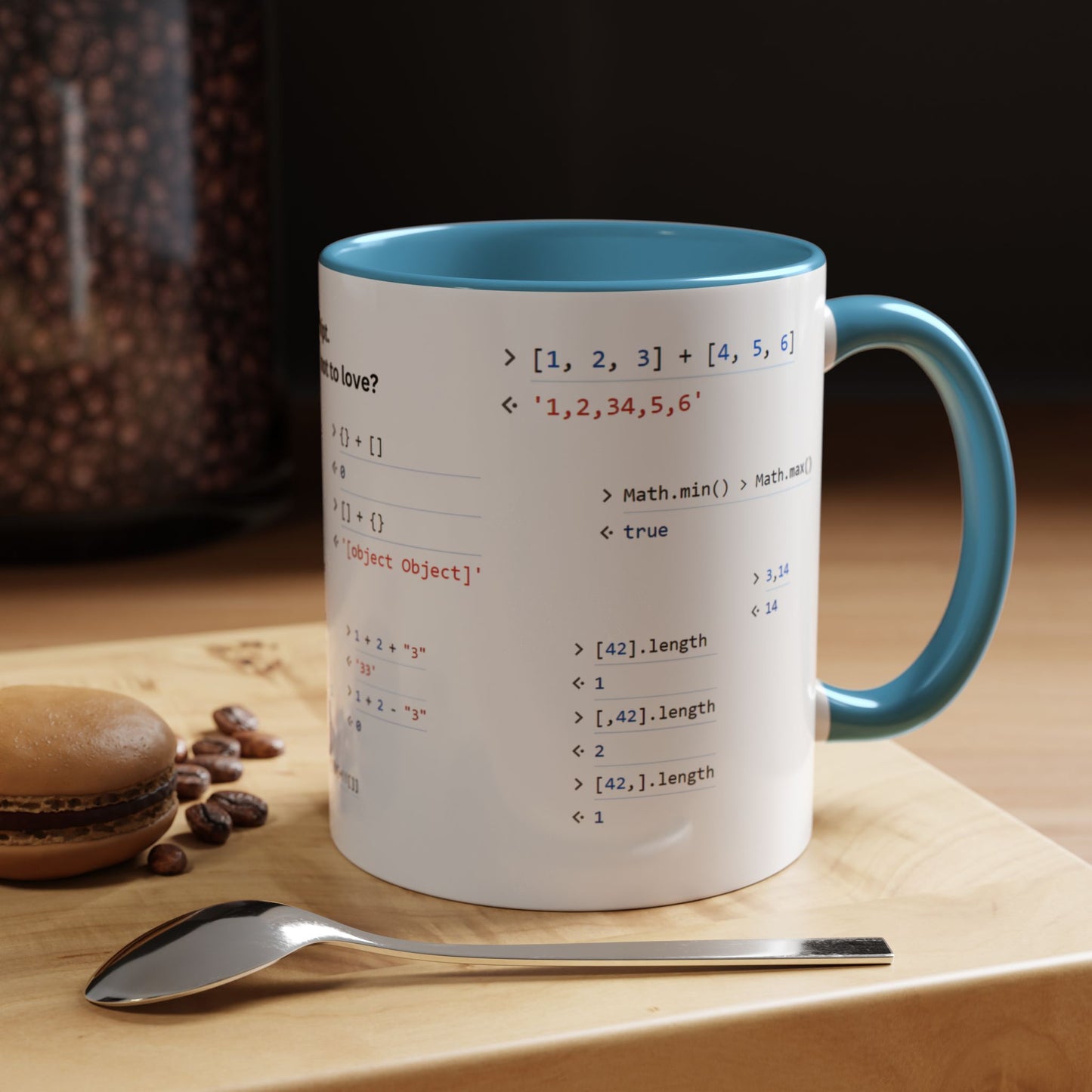 JavaScript weirdness mug for coders - two-color variant