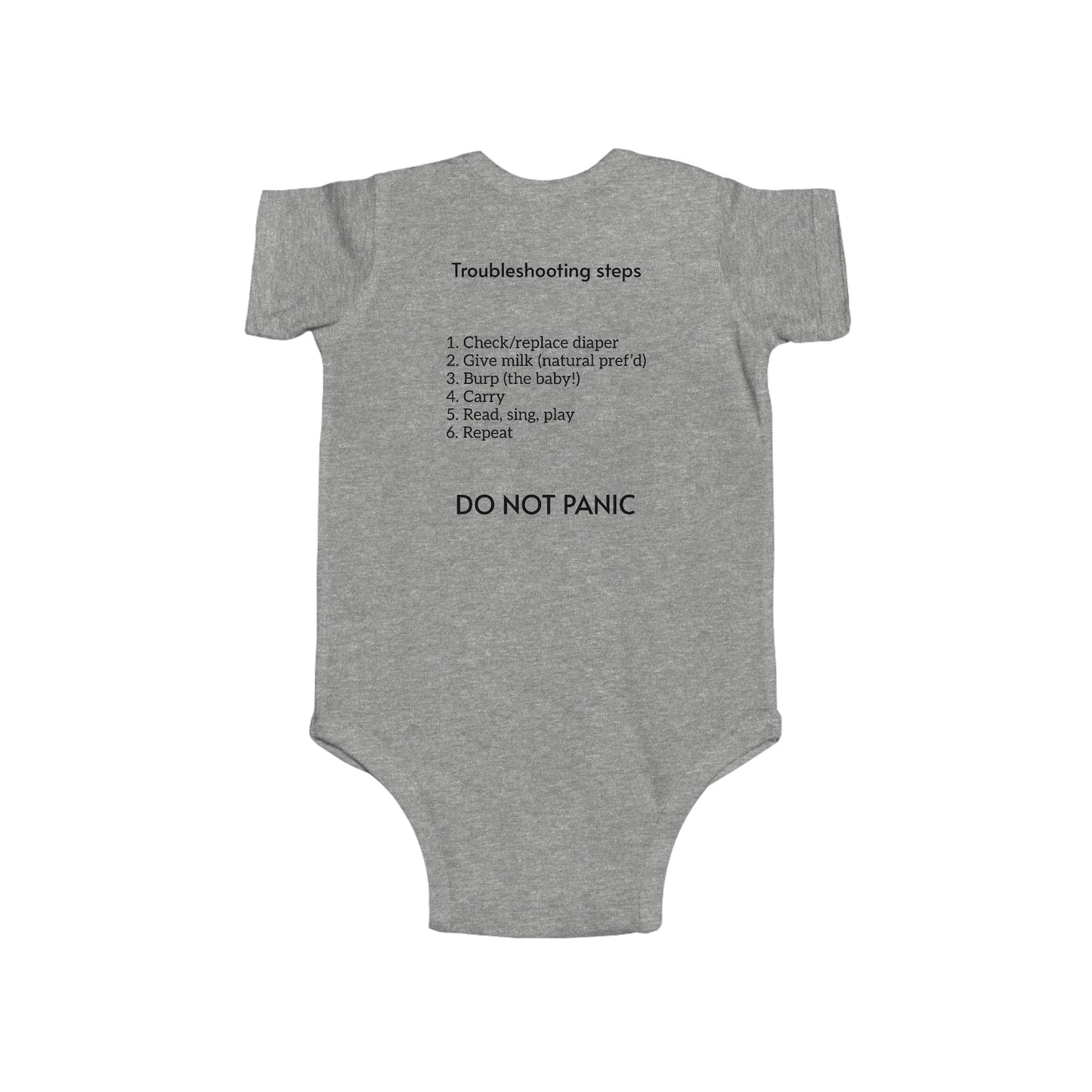 Python developer's cheeky baby bodysuit with Python source code and troubleshooting instructions, short sleeve