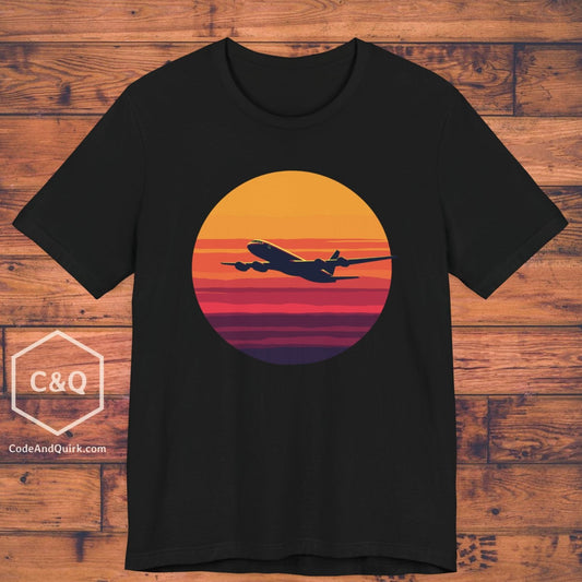 Airliner soaring on a bold retro sunset - aviation fan's T-Shirt