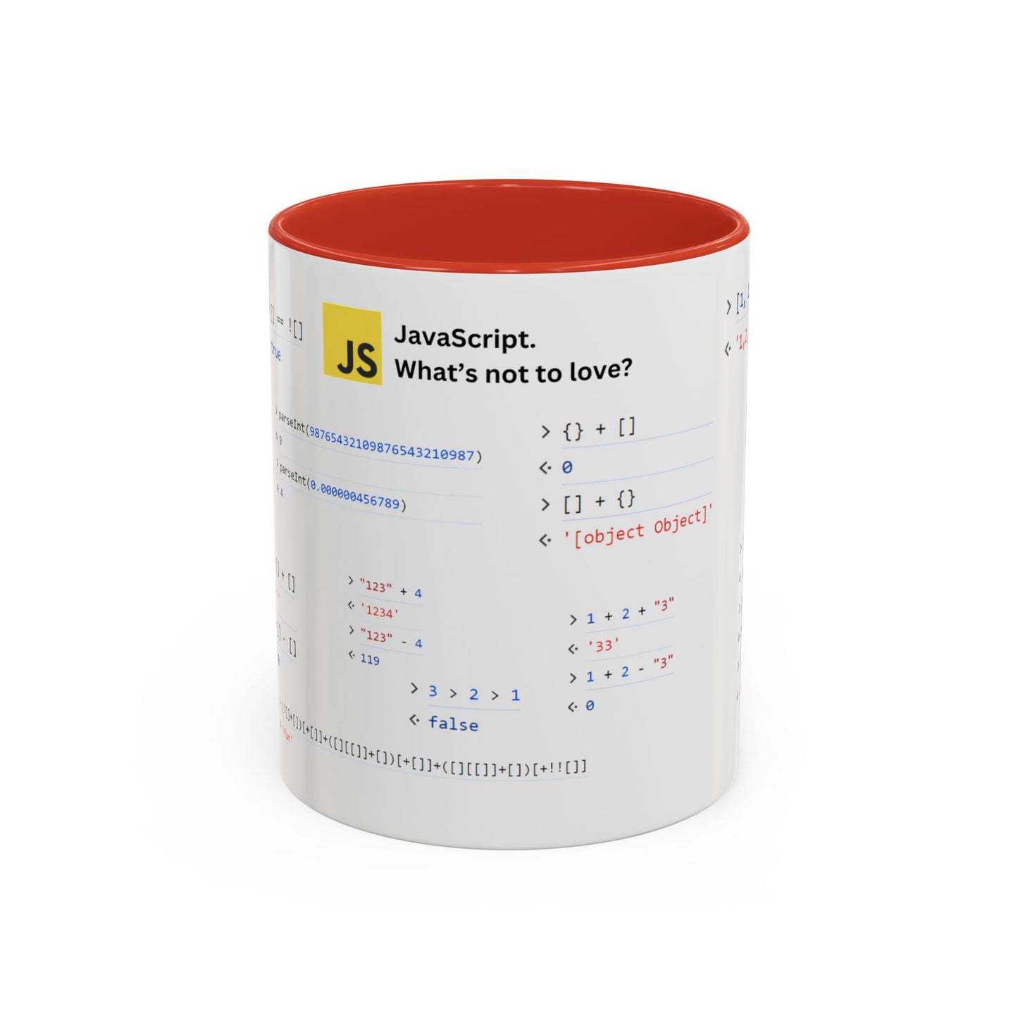 JavaScript weirdness mug for coders - two-color variant
