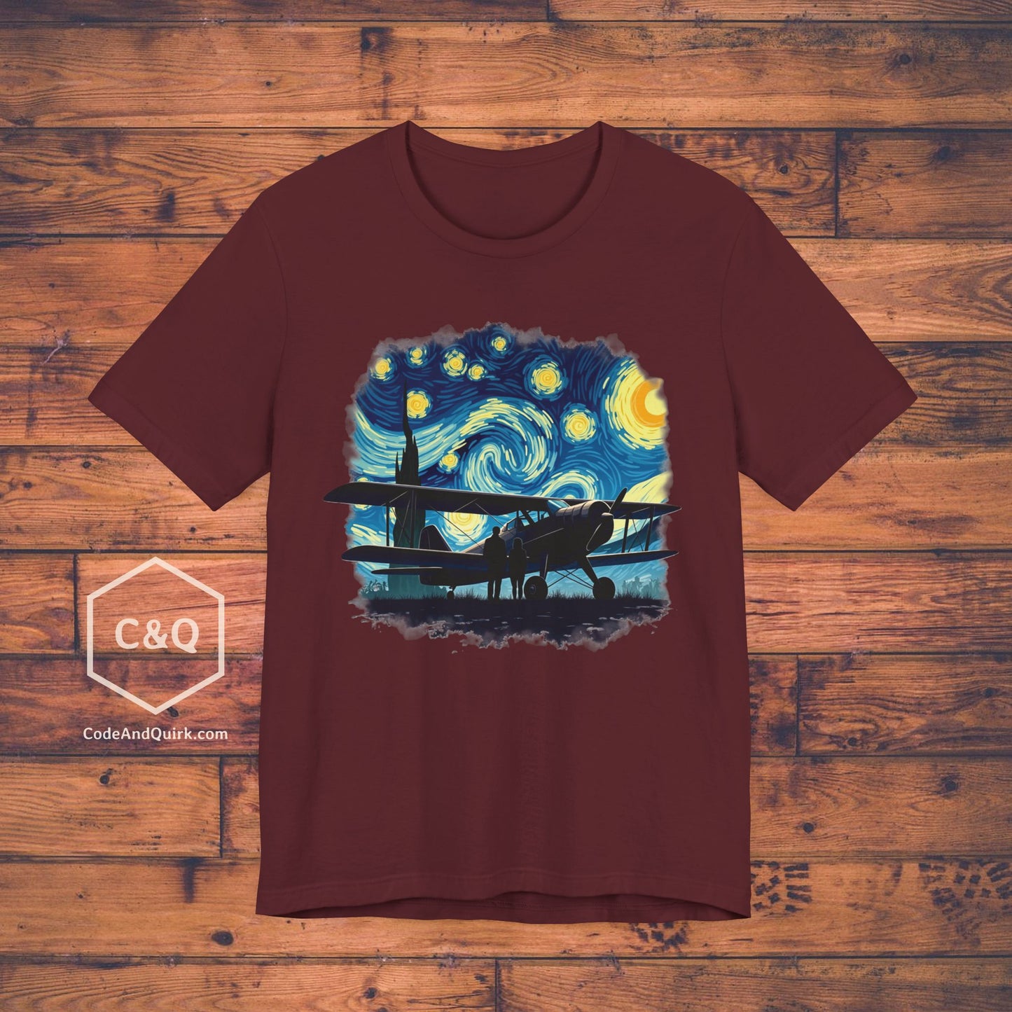 Taildragger airplane, Van Gogh-style starry night - aviation fan's T-Shirt