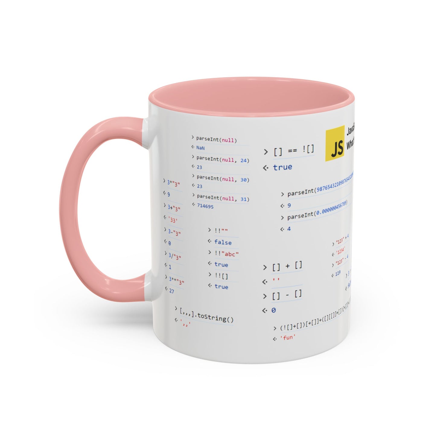 JavaScript weirdness mug for coders - two-color variant