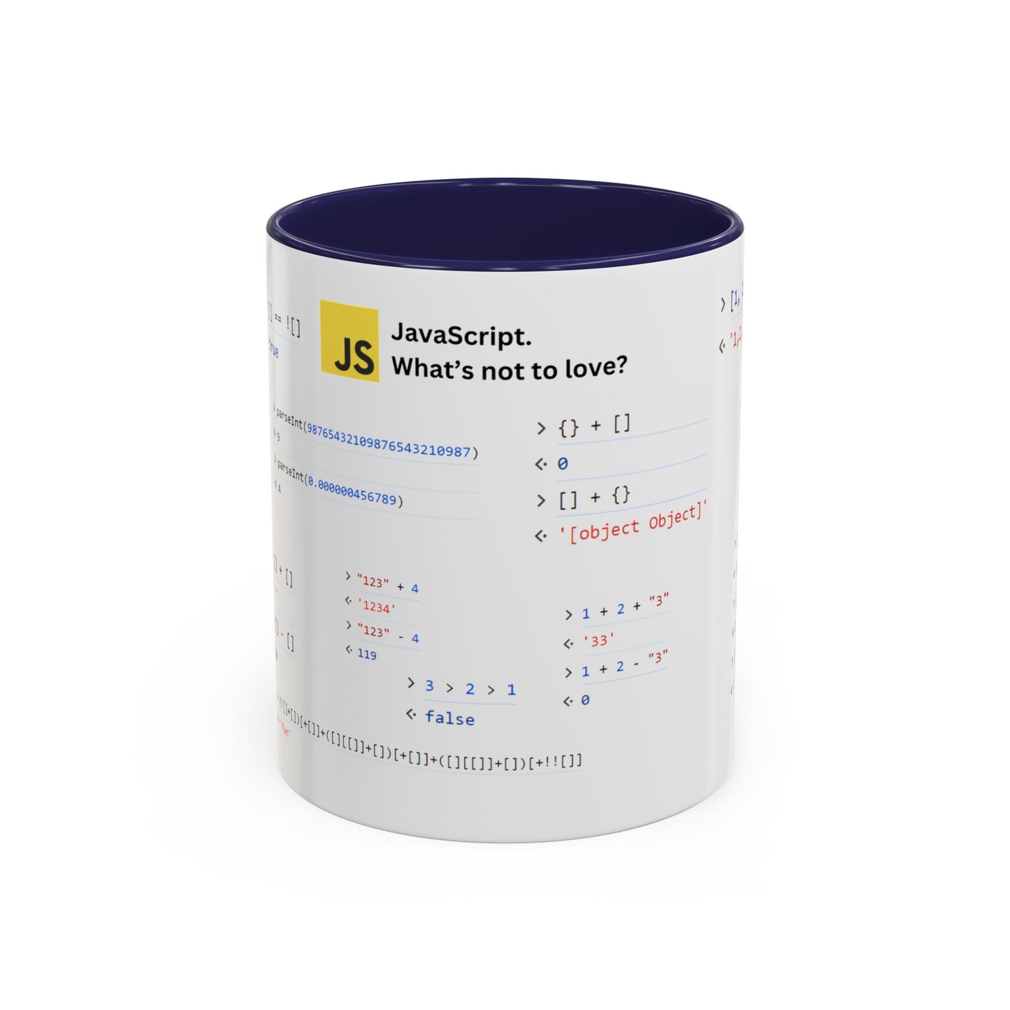 JavaScript weirdness mug for coders - two-color variant