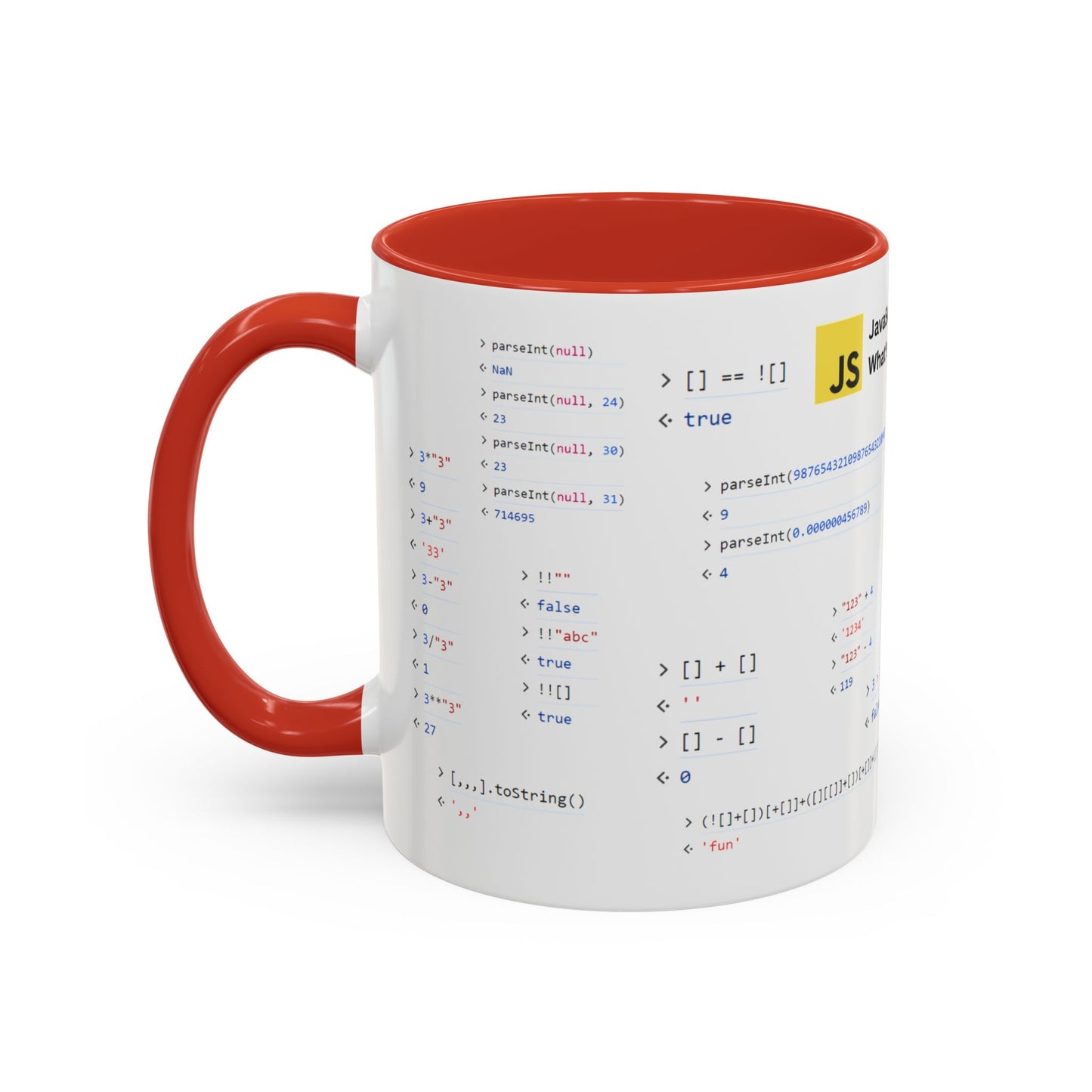 JavaScript weirdness mug for coders - two-color variant