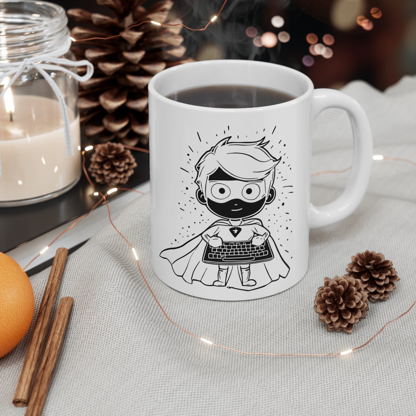 Geeky mug for programmer superheroes: Saving The World, One Bug At A Time