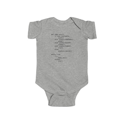 Python developer's cheeky baby bodysuit with Python source code and troubleshooting instructions, short sleeve