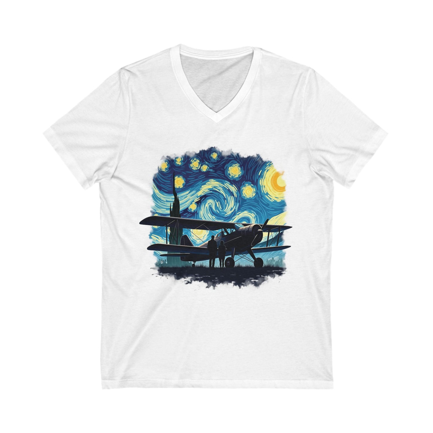 Taildragger airplane, Van Gogh-style starry night - aviation fan's V-neck shirt