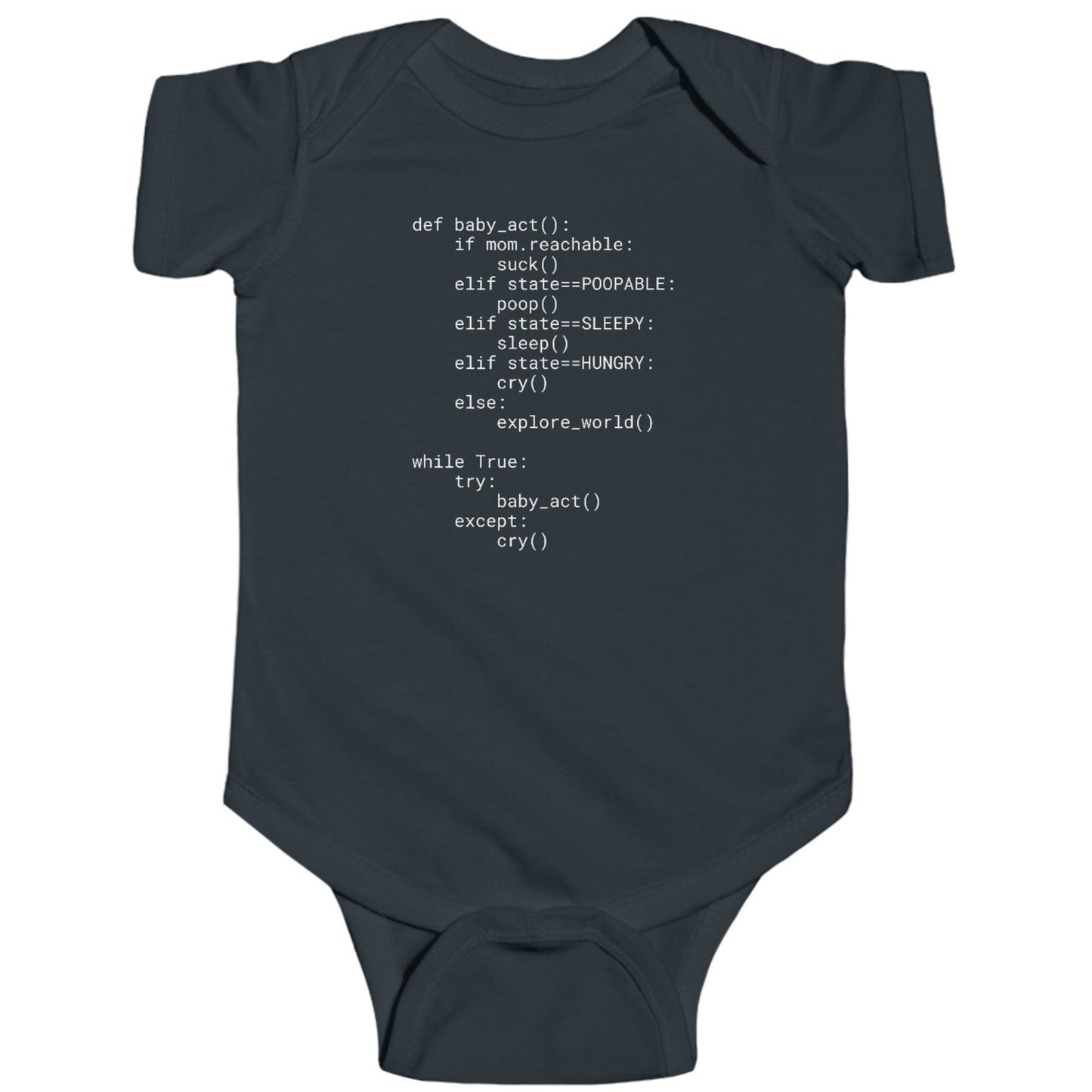 Python developer's cheeky baby bodysuit with Python source code and troubleshooting instructions, short sleeve