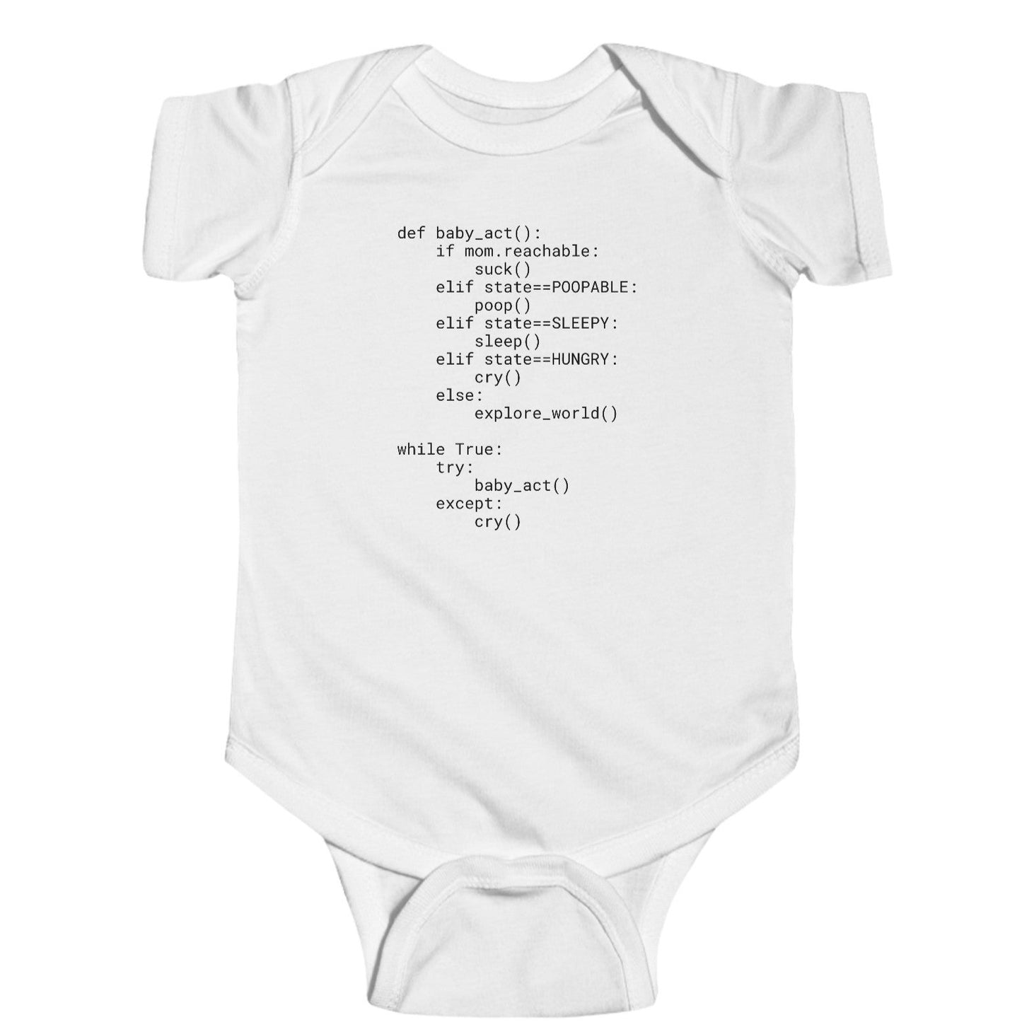 Python developer's cheeky baby bodysuit with Python source code and troubleshooting instructions, short sleeve