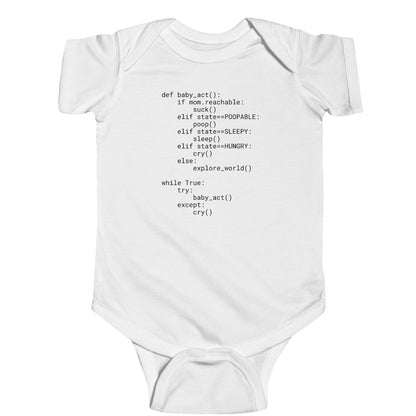 Python developer's cheeky baby bodysuit with Python source code and troubleshooting instructions, short sleeve