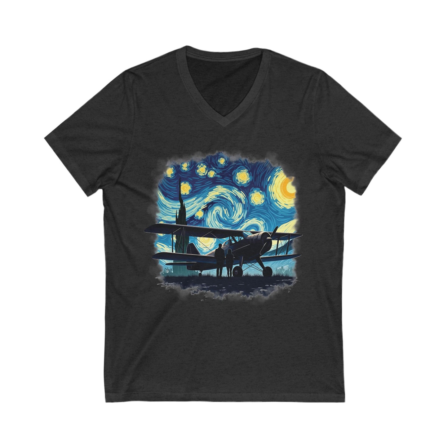 Taildragger airplane, Van Gogh-style starry night - aviation fan's V-neck shirt