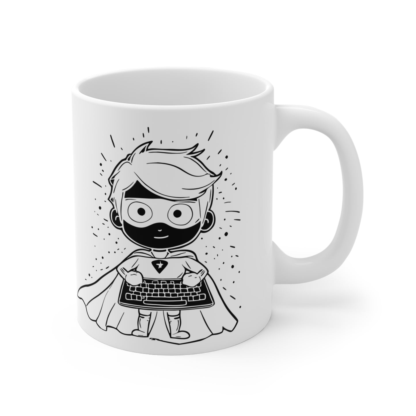 Geeky mug for programmer superheroes: Saving The World, One Bug At A Time