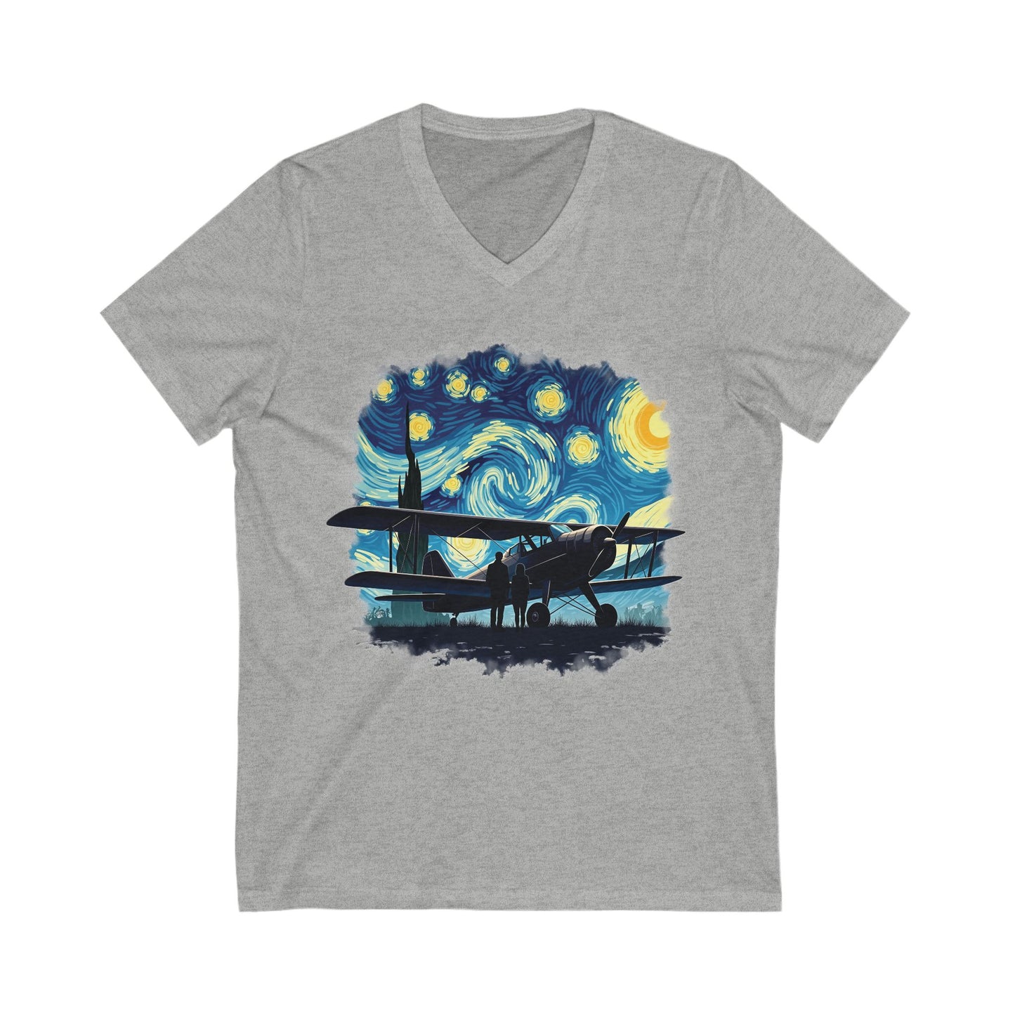 Taildragger airplane, Van Gogh-style starry night - aviation fan's V-neck shirt