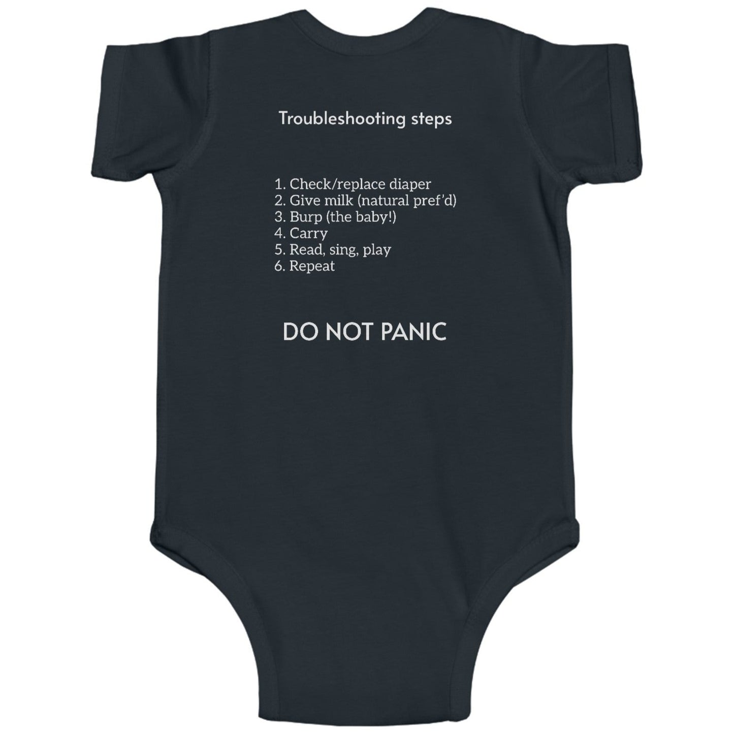 Python developer's cheeky baby bodysuit with Python source code and troubleshooting instructions, short sleeve