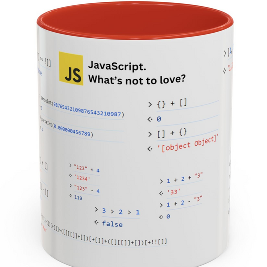 JavaScript weirdness mug for coders - two-color variant